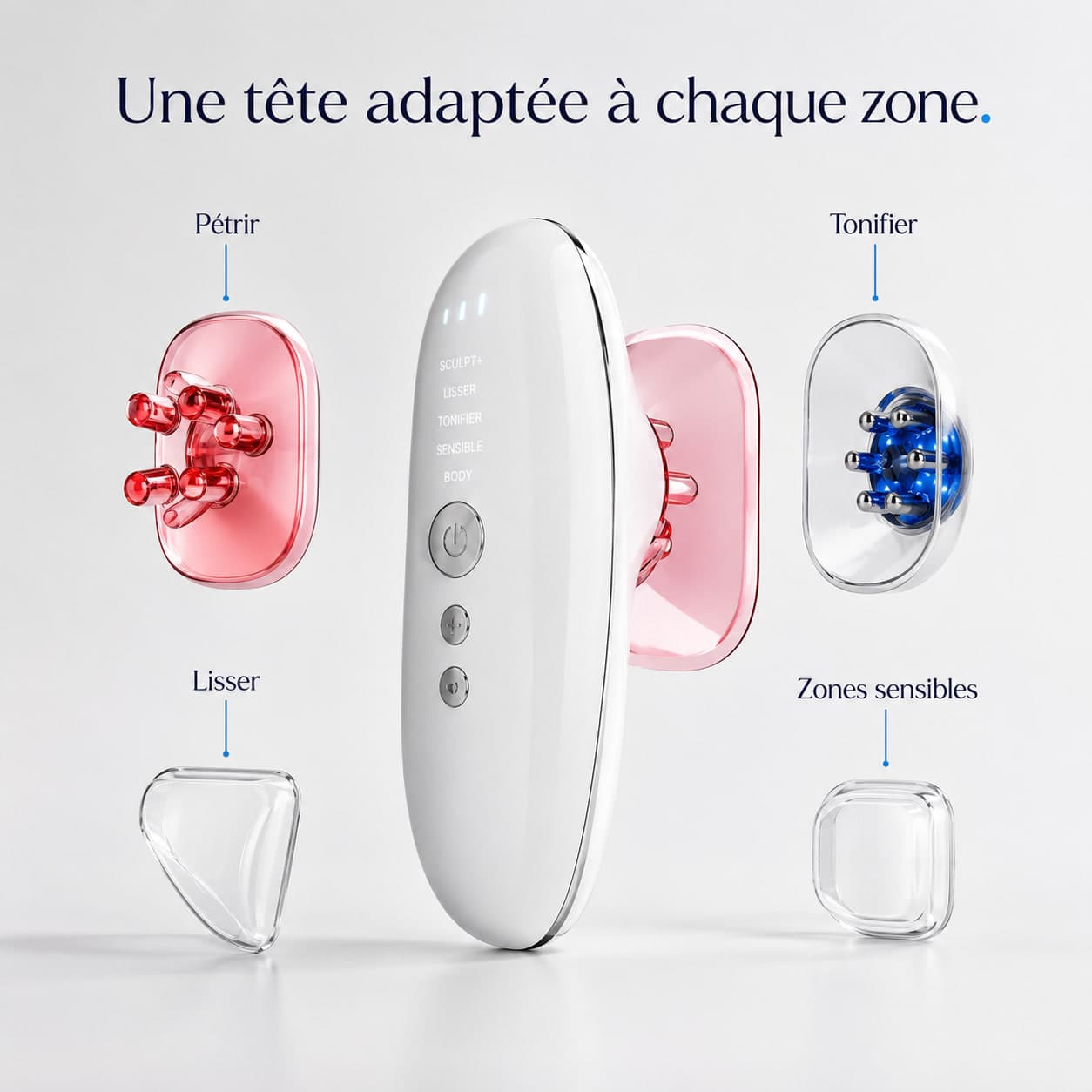Les 4 têtes de l'ORVIO Sculpt+ : pétrir, tonifier, lisser et zones sensibles