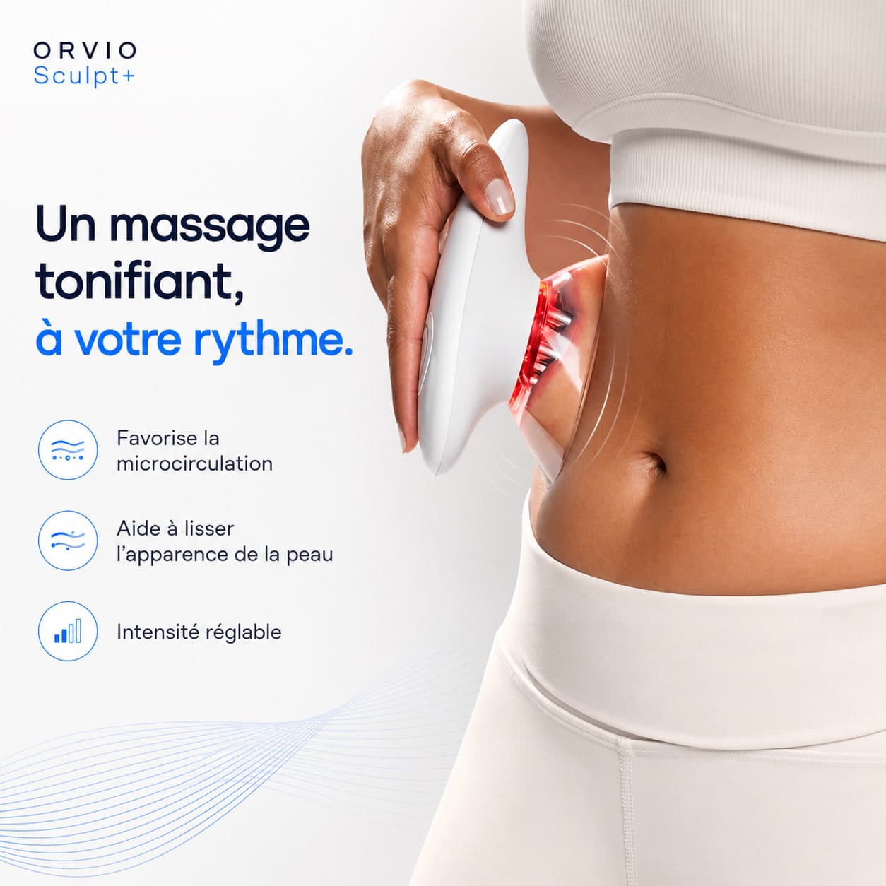 ORVIO Sculpt+ utilisé sur le ventre — massage tonifiant à intensité réglable