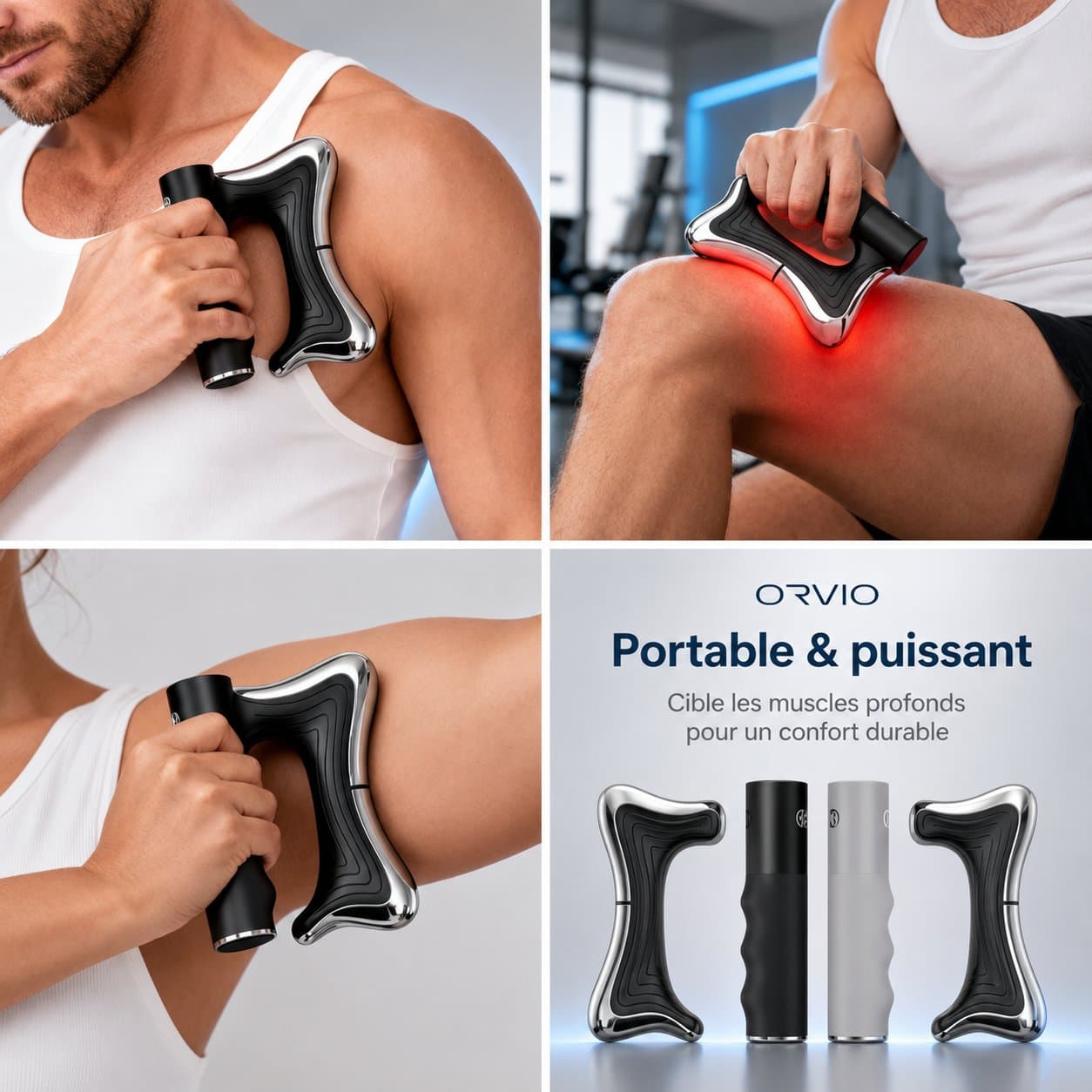 ORVIO Therma V2 Pro utilisé sur l'épaule, le genou et le bras — portable et puissant, deux coloris