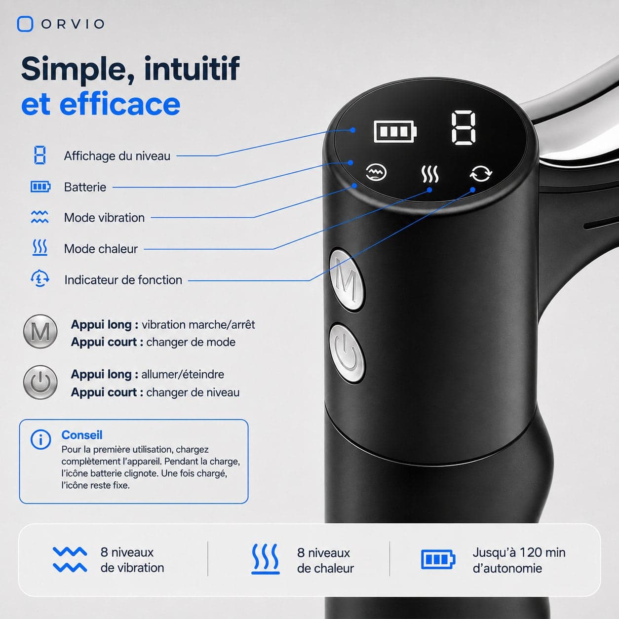 ORVIO Therma V2 Pro — commandes simples : écran LED, 8 niveaux de vibration et de chaleur, 120 min d'autonomie