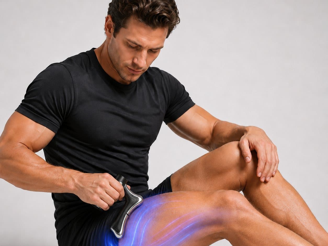 Homme utilisant l'ORVIO Therma V2 Pro sur la cuisse après le sport, vibrations en action