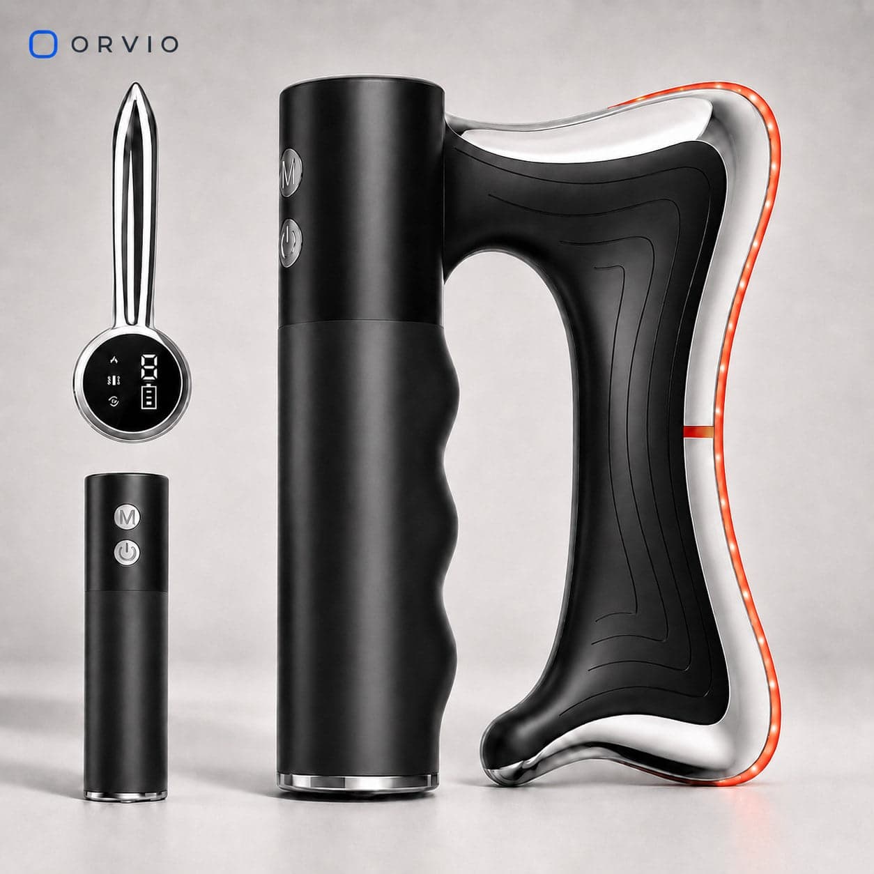 ORVIO Therma V2 Pro — scraper musculaire chauffant avec grande poignée, vue de face